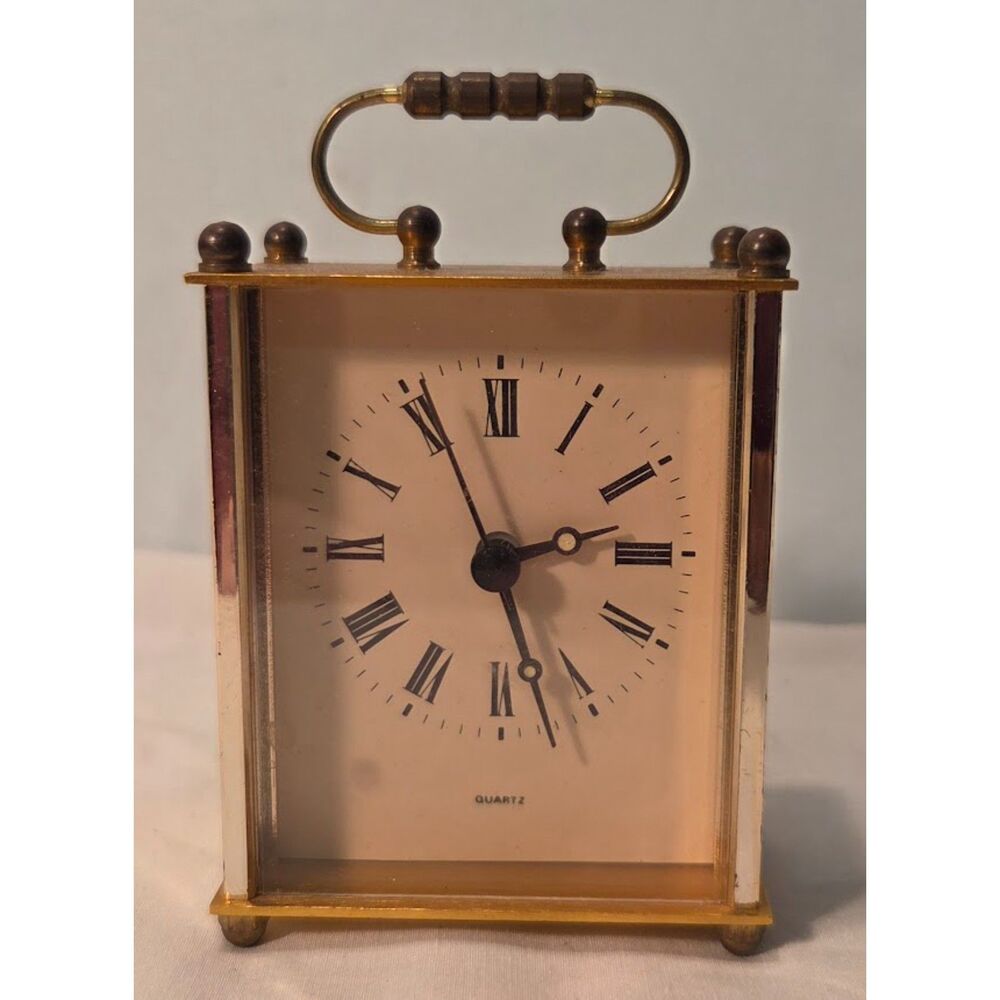 Vintage Quartz Carriage Style Desk Clock Brass Tone Hong Kong